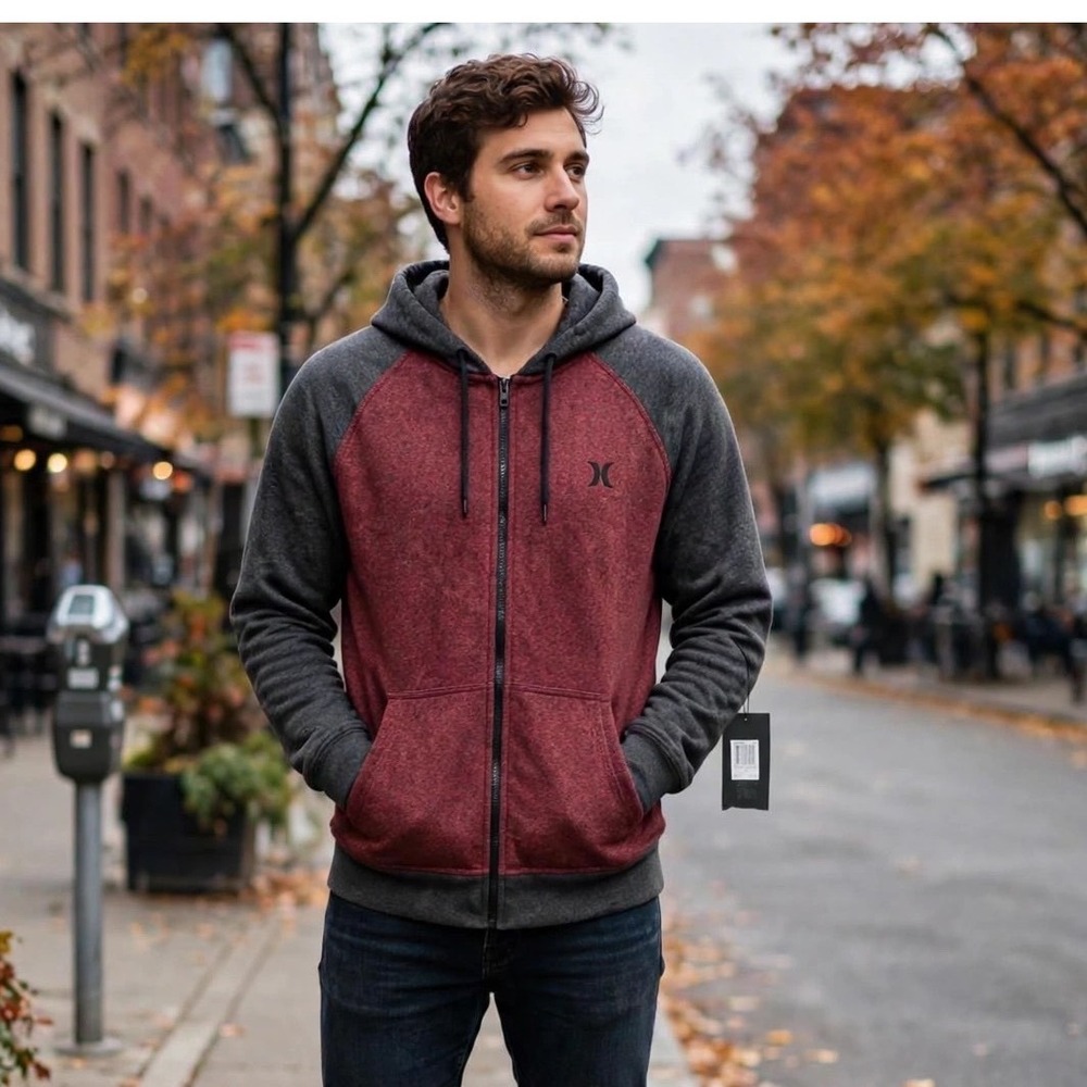 Hurley Getaway 2.0 Zip Fleece Hoodie Mens Large Red Grey Colorblock MFT0006370